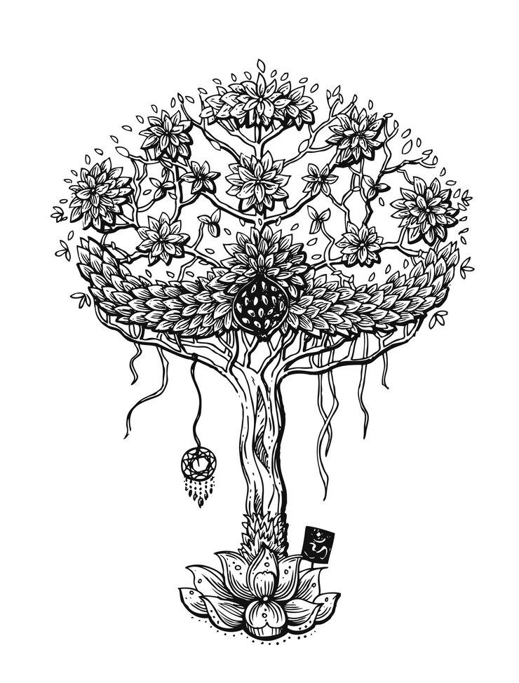 Hand drawn vector illustration buddha tree Boho style drawing Us for Invitations flyers postcards smartphone covers etc