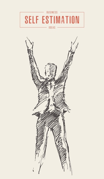 Hand drawn vector illustration of businessman with arms raised from happiness