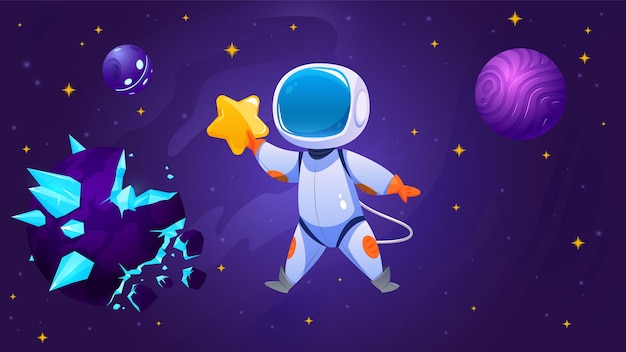 Hand drawn vector illustration of an cartoon astronaut in space grabs a star