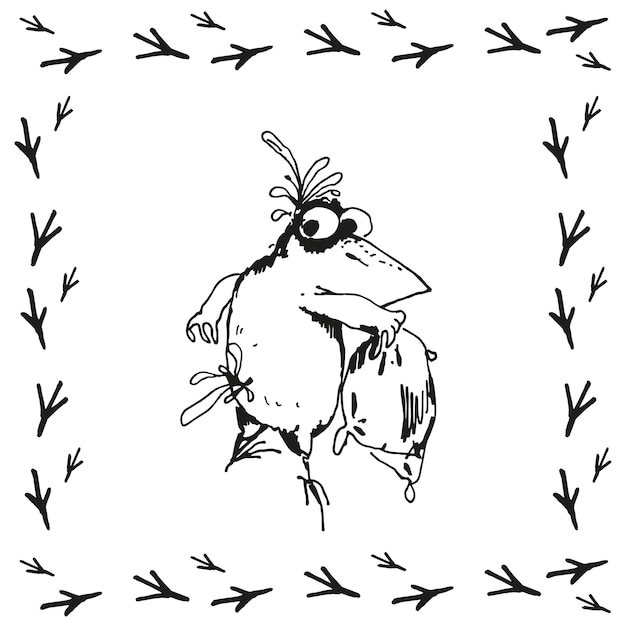 hand drawn vector illustration of cartoon funny crow with pillow monochrome sketch of cute bird crow in frame made of bird tracks inked silhouette of posing flying animal isolated white background