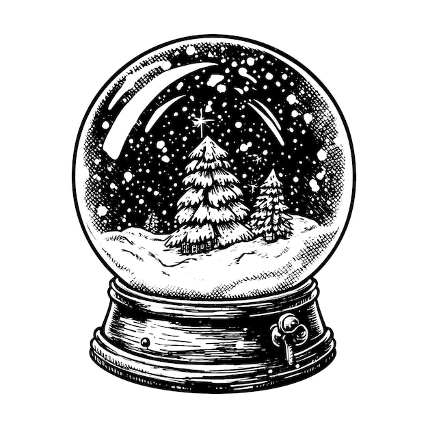Hand drawn vector illustration Christmas snow globe with firtree