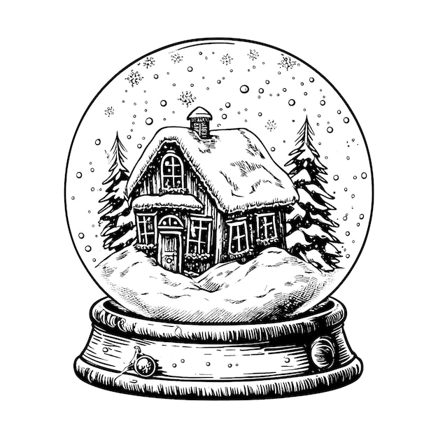 Hand drawn vector illustration Christmas snow globe with a house and firtree