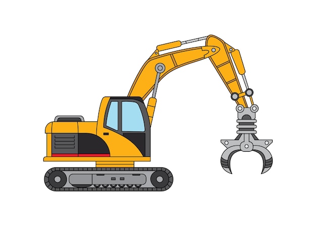 Hand drawn Vector illustration color children construction hydraulic grabber claw excavator