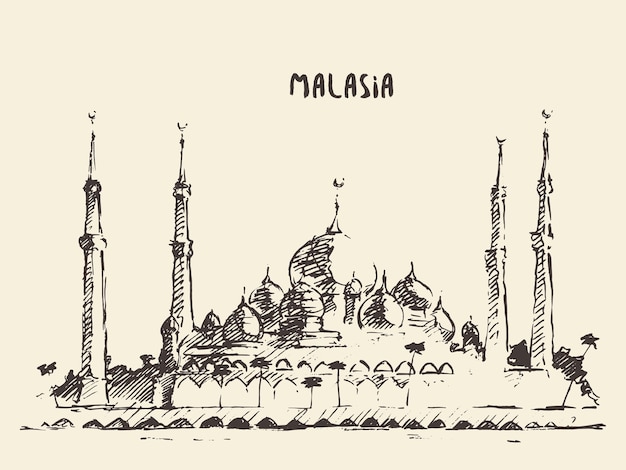 Hand drawn vector illustration of Crystal mosque in Kuala Terengganu, Malaysia