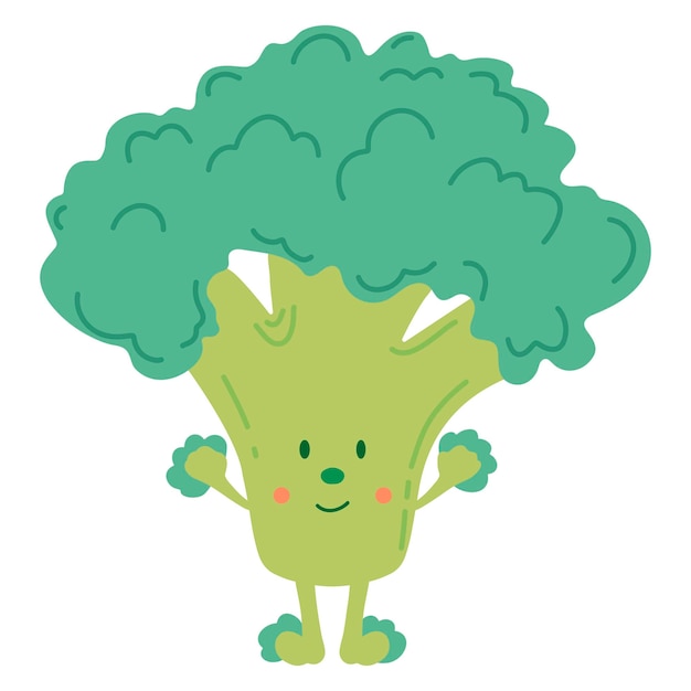 Hand drawn vector illustration of a cute funny broccoli Isolated object cartoon character