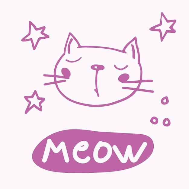 Vettore illustrazione vettoriale disegnata a mano di una faccia di gatto carino e divertente che sorride con citazione meow oggetti isolati disegno al tratto concetto di design per la stampa di poster tshirt eps