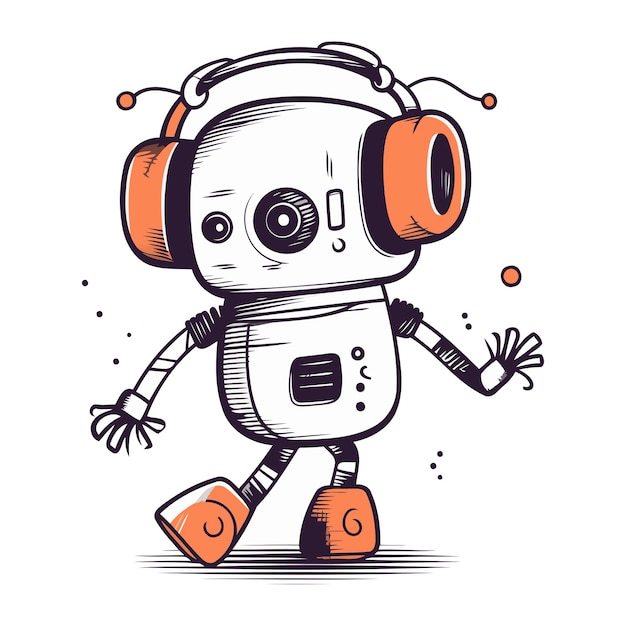 Hand drawn vector illustration of a cute robot with headphones Isolated on white background