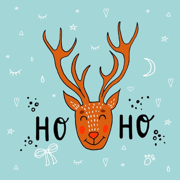 Hand Drawn Vector Illustration of Deer Funny Merry Christmas card