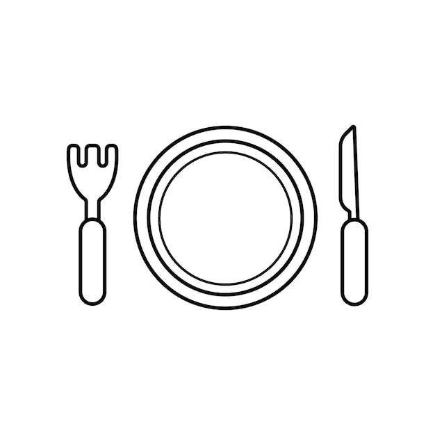 Vettore illustrazione vettoriale disegnata a mano del piatto da pranzo con l'icona di forchetta e coltello