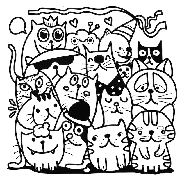 Illustrazione vettoriale disegnata a mano di doodle cat group, disegno degli strumenti della linea di illustratore