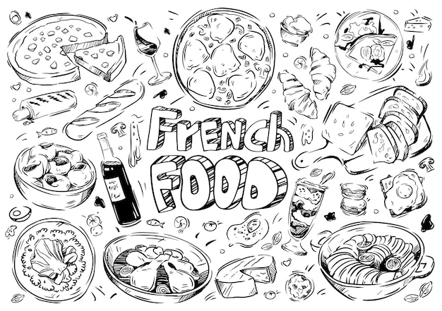 Vector hand drawn vector illustration doodle french food ratatouille souffle wine cheese boeuf bourguignon bread snails macaroon souffle