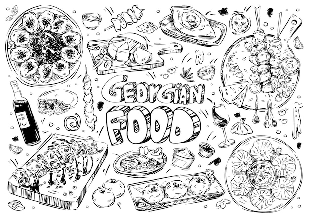 Vector hand drawn vector illustration doodle georgian food khachapuri adjaruli churchkhela khinkali mtsvadi pkhali saperavi wine garnet walnut paste sulguni kubdari