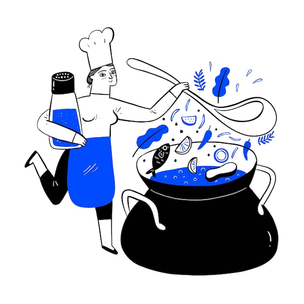 Vector hand drawn vector illustration doodle style. the woman in an apron is cooking. casserole on the stove with soup. kitchen utensils, spices and sauces, ingredients. homemade food, dinner.