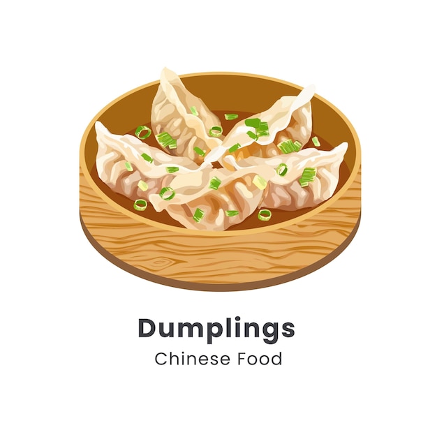 Vector hand drawn vector illustration of dumplings chinese food in bamboo steamer basket