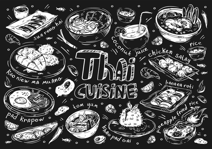 Vector 手描きの背景イラスト 食品 落書き タイ料理 肉 スア ロン ハイ カオニエ マ ムアン パッド クラポウ トムヤムクン スープ カオ パッド ガイ パイナップル フライド ライス バナナ ロティ チキン サテ ココナッツ ジュース