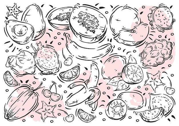 Cibo di illustrazione vettoriale disegnato a mano sulla lavagna bianca doodle linea frutta esotica e bacche avocado kiwi banana fragola papaia pitaya carambola limone ciliegia fico