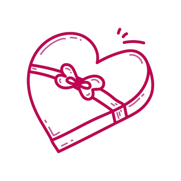 Ручная рисованная векторная иллюстрация подарочной коробки в форме сердца. Каракули подарочной коробки любви.