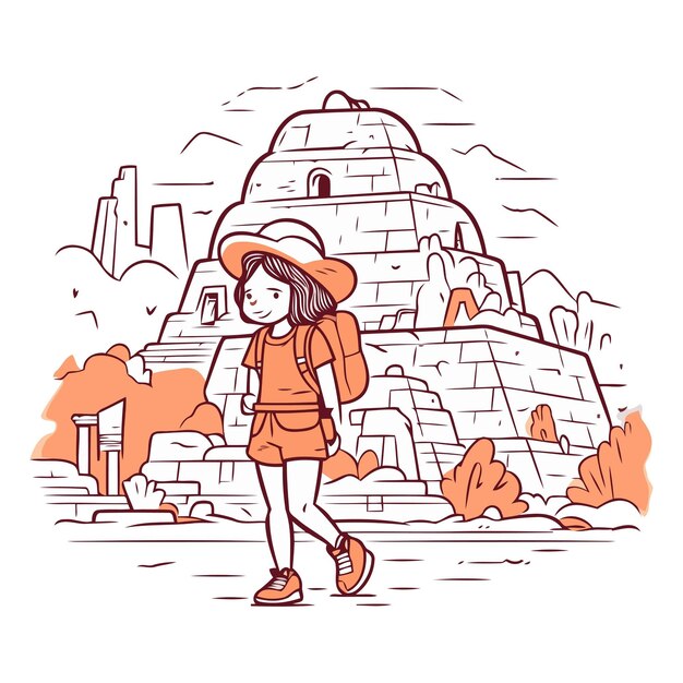 Vector hand drawn vector illustration of a girl in a hat and a red tshirt with a backpack on the background of an ancient stone city