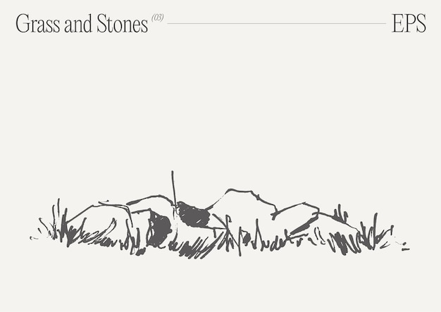 Hand drawn vector illustration of grass and rocks on blank backdrop isolated sketch