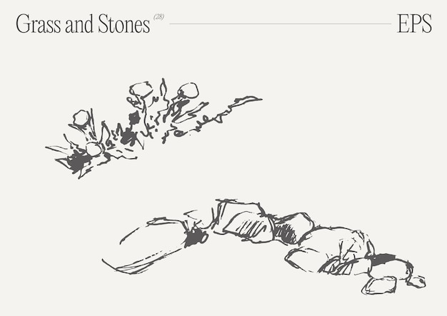 Hand drawn vector illustration of grass and rocks on blank backdrop isolated sketch