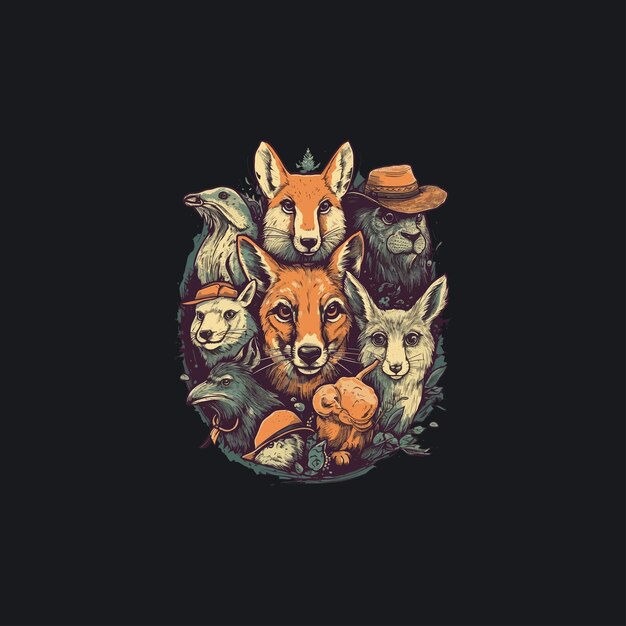 Vector hand drawn vector illustration of a group of foxes in a hat