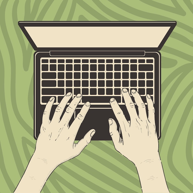 Vector hand drawn vector illustration hand with laptop notebook