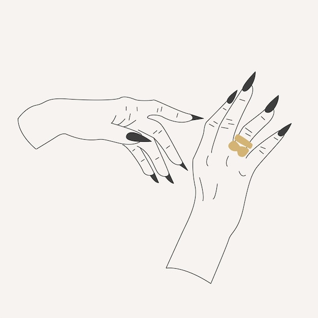 Hand drawn vector illustration of hands with rings and long black nails