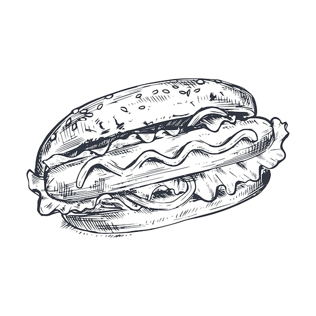 Vettore illustrazione vettoriale disegnata a mano di hot dog in stile schizzo piatto di fast food tradizionale