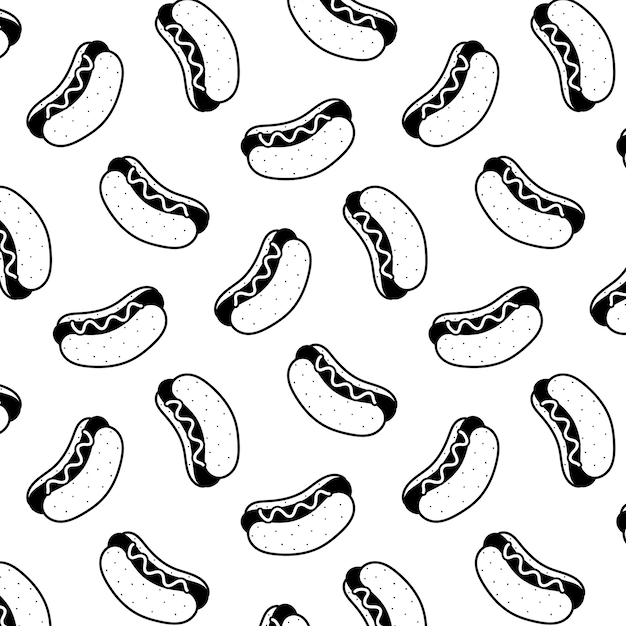 Hand drawn vector illustration of hotdog pattern black and white cartoon style