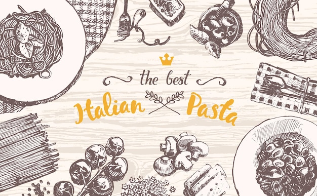 Hand drawn vector illustration of an italian pasta on a wooden table top, sketch