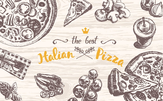 나무 테이블 위에 이탈리아 피자 테마 제품의 손으로 그린 벡터 그림, 스케치