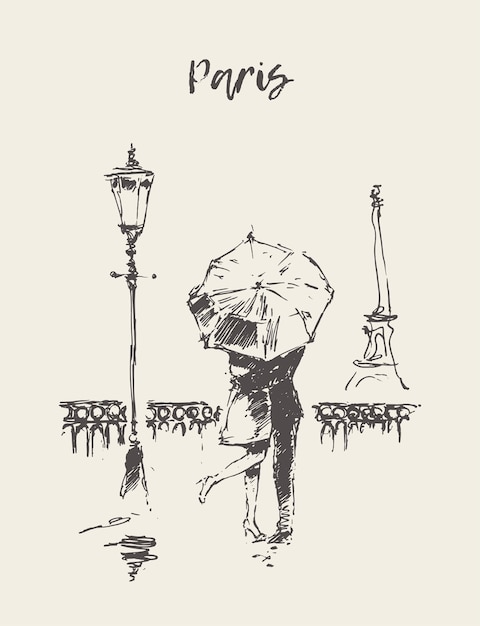Vettore illustrazione vettoriale disegnata a mano di una coppia di innamorati sotto l'ombrello sotto la pioggia a parigi