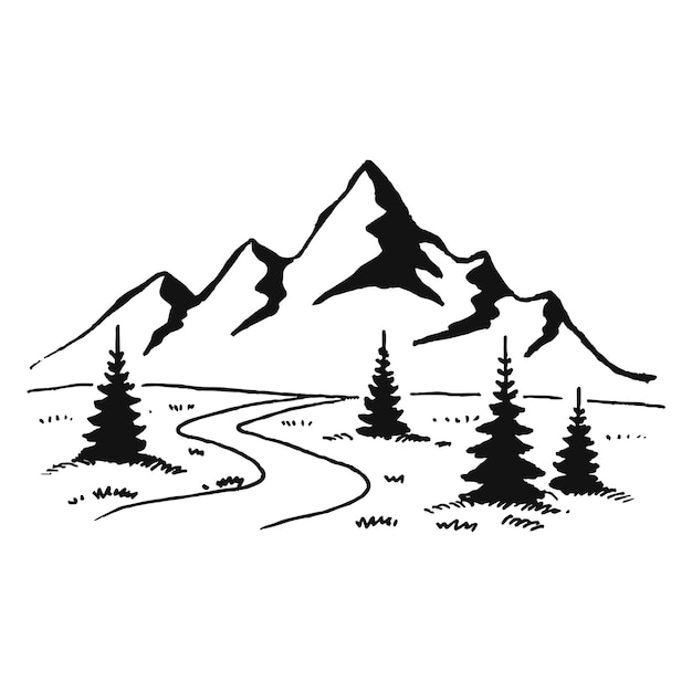 Нарисованная рукой иллюстрация вектора горного пейзажа с соснами.