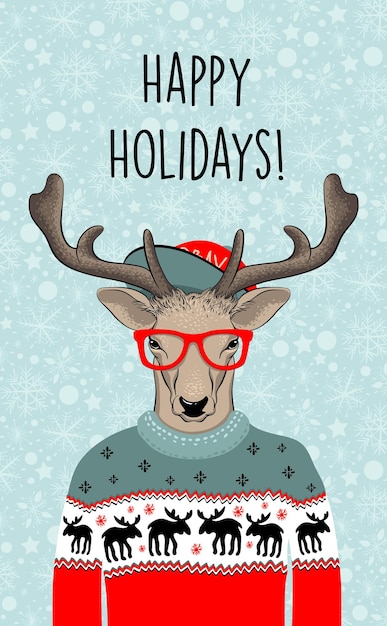 Вектор Нарисованная рукой иллюстрация вектора рождественского оленя в зеленом свитере. битник в очках и шляпе. векторная иллюстрация