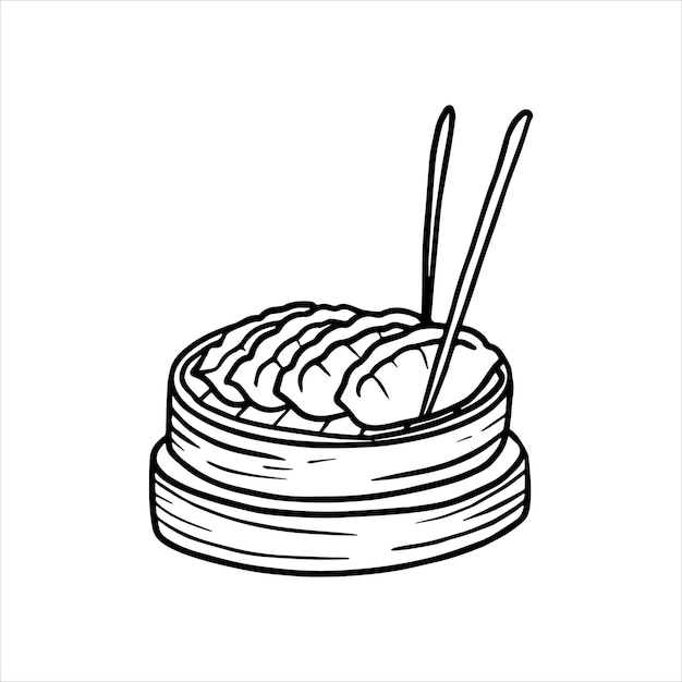 나무 접시 중국 요리 식사에 딤섬 아이콘의 손으로 그린된 벡터 일러스트 레이 션