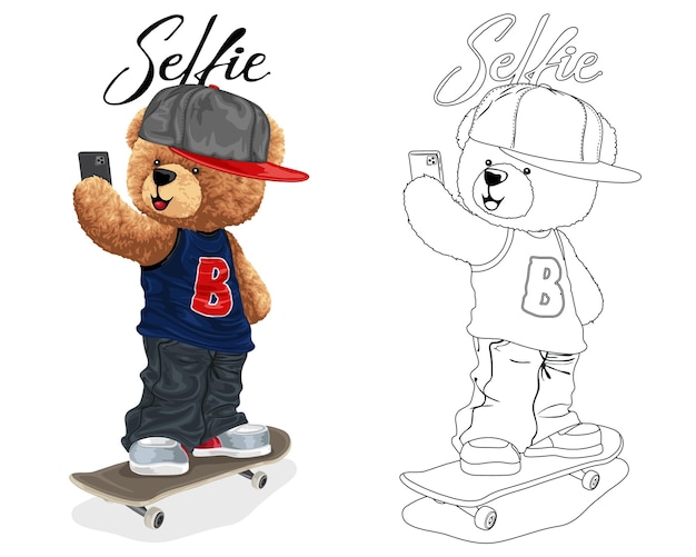 スマート フォンで selfie を取ってスケート ボードのテディベアの手描きベクトル イラスト