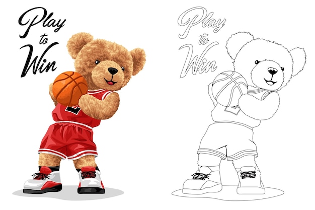 バスケットボールをしているテディベアの手描きのベクトルイラストぬりえやページ