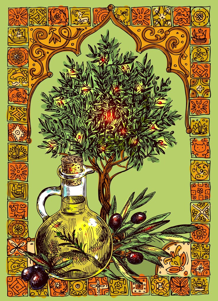 Hand drawn vector illustration olive oil and olives Sketch style Use for package design and web
