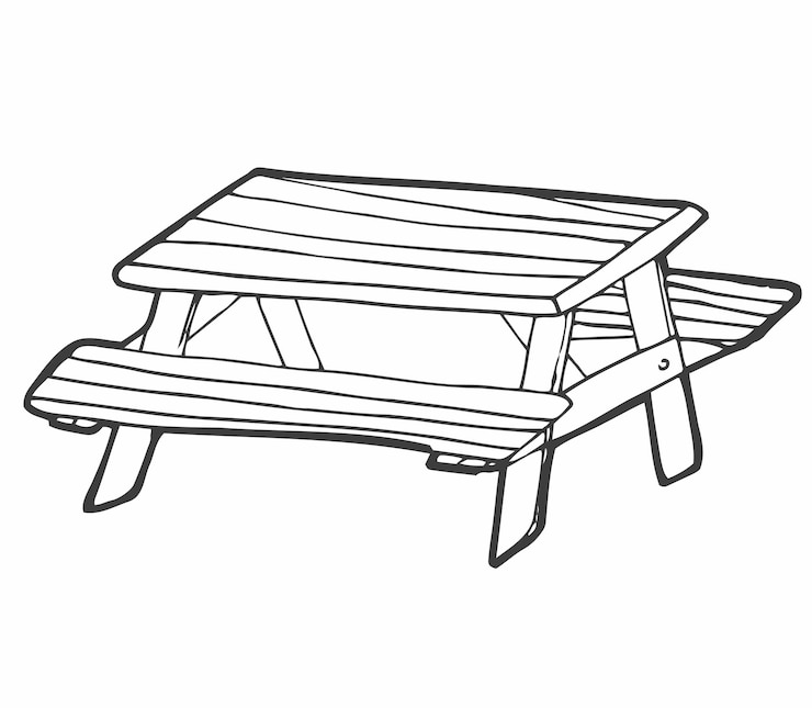 Vector hand drawn vector illustration of park picnic table with benches