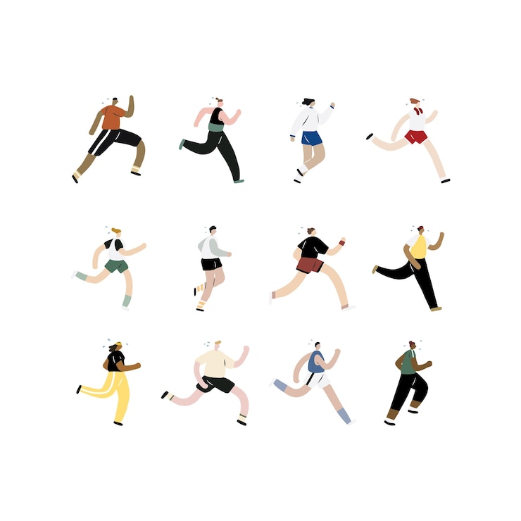 Vector hand drawn vector illustration of running and jogging people set
