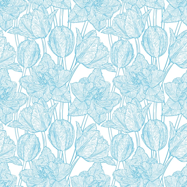 Hand drawn vector illustration Seamless pattern with decorative doodle tulips hand drawn in lines