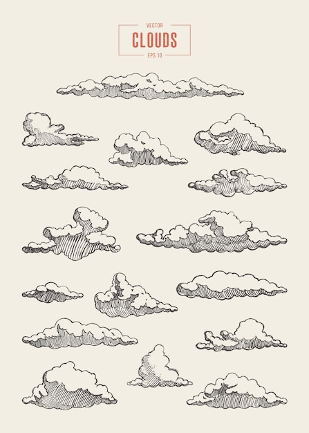 Hand drawn vector illustration set of clouds