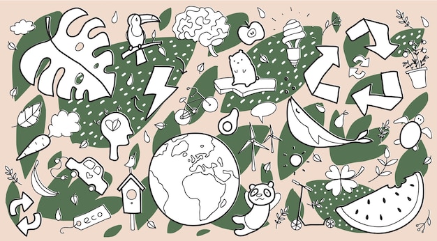 Vector hand drawn vector illustration of a set of ecology concepts designs and icons in doodle style zero waste recycle eco friendly tools environment protection