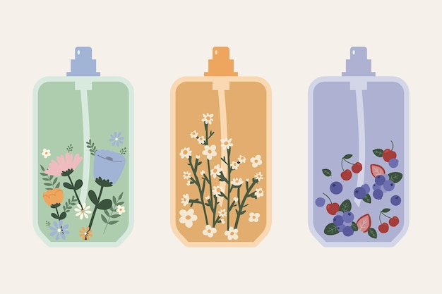 Vettore set di illustrazioni vettoriali disegnate a mano di profumi freschi di fiori e bacche bottiglie con bacche di fiori