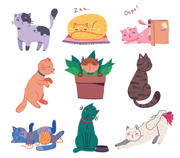 Ручной обращается векторные иллюстрации набор милых кошачьих персонажей эскиза каракули стиля