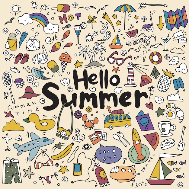 Vector hand drawn vector illustration set of summer elements