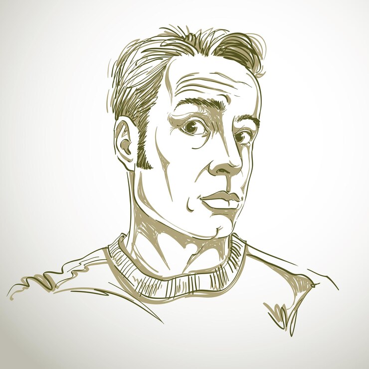 Vector hand-drawn vector illustration of shocked man, disbeliever theme. monochrome image, expressions on face of young man.