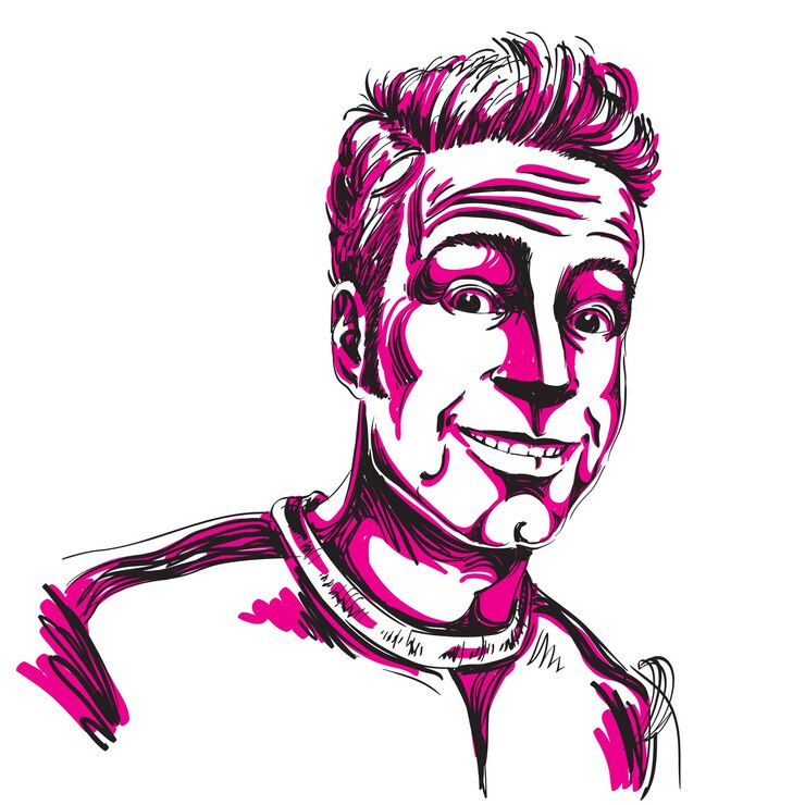 Vector hand-drawn vector illustration of smiling confident man. artistic creative image, expressions on face of cheerful guy.
