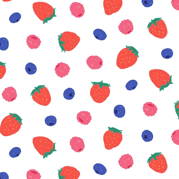 Hand drawn vector illustration of strawberry blueberry raspberry pattern