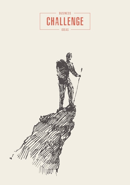 Hand drawn vector illustration of successful climber on a mountain